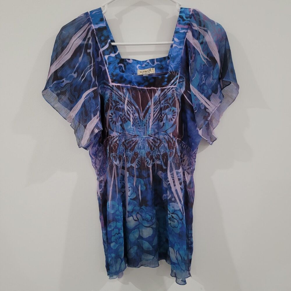 One World Womens Top Size Medium Butterfly‎ Chiffon Y2K Floral Colorful
